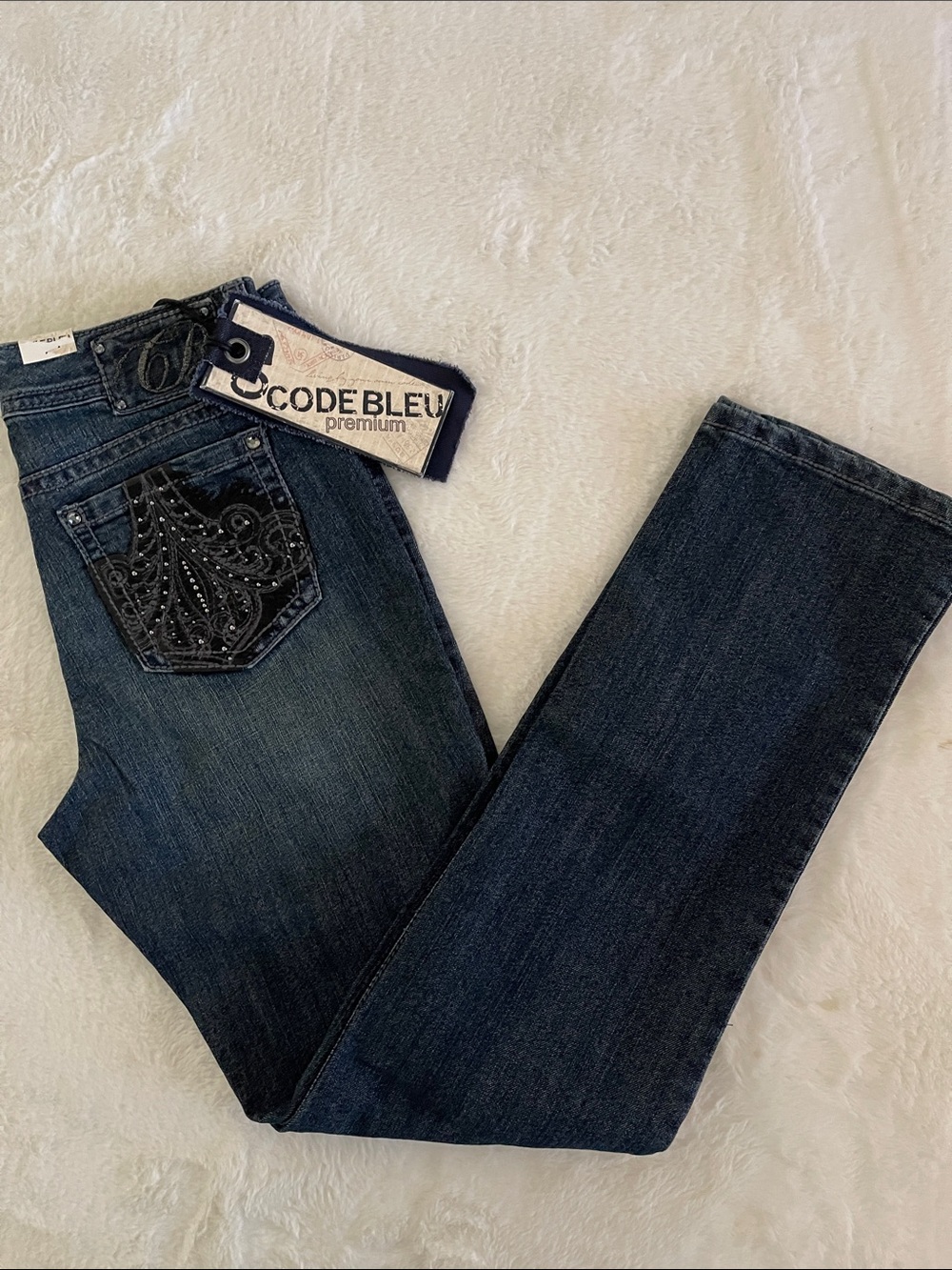 Code Bleu Dark Blue Boot Cut Jeans with Embellished Back Pocket SZ 8